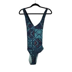 Prana Womens One-Piece V-Neck Swimsuit Geometric Boho Print Medium Blue & Teal